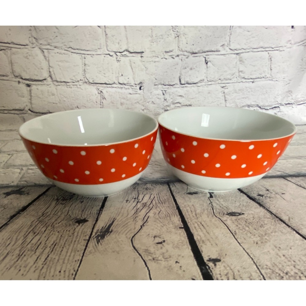 Isaac Mizrahi Dot Luxe Orange White Polka Dot Ceramic Cereal Soup Bowl Set of 2